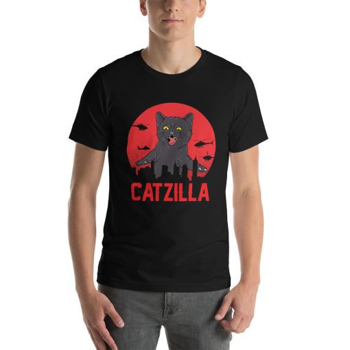 Unisex t-shirt with a picture of a giant cat rampaging a city like Godzilla.