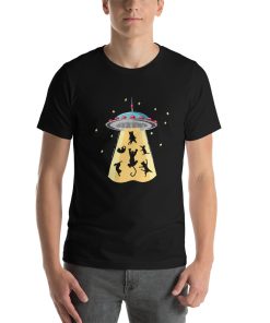 Unisex t-shirt with a picture of a UFO abducting cats.