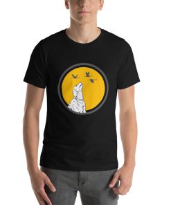 Unisex t-shirt with a picture of a dog looking at some ducks printed on it.