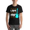 Unisex t-shirt that says "Peace Love Rock and Roll" on it in stylised writing. There's also a picture of a guitar on it.