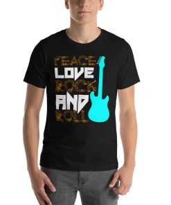 Unisex t-shirt that says "Peace Love Rock and Roll" on it in stylised writing. There's also a picture of a guitar on it.