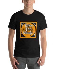 Unisex t-shirt that says "enjoy the music" on it in a stylised way.