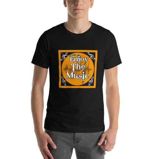 Unisex t-shirt that says "enjoy the music" on it in a stylised way.