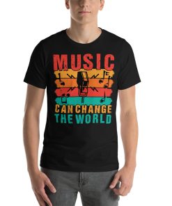 Unisex t-shirt that says "music can change the world" on it in stylised writing.