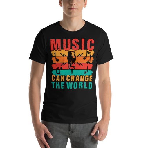 Unisex t-shirt that says "music can change the world" on it in stylised writing.