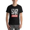 Unisex t-shirt with a picture of a cat. Underneath the cat it says "meow."