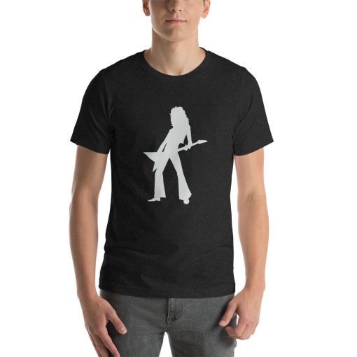 Unisex t-shirt with the silhouette of a glam rock guitarist on it.