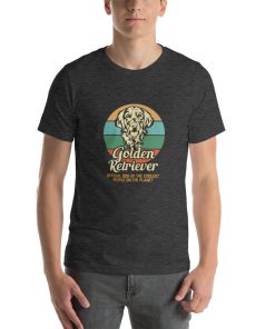 Unisex t-shirt with a picture of a golden retriever on it.