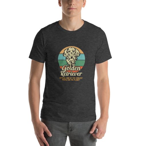 Unisex t-shirt with a picture of a golden retriever on it.