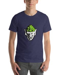 Unisex t-shirt with a picture of an elf like creature with hops for a brain printed on it.