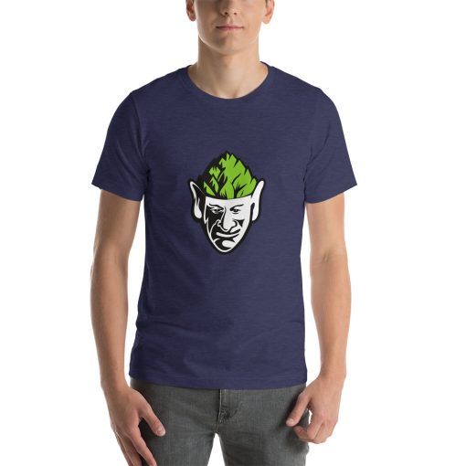 Unisex t-shirt with a picture of an elf like creature with hops for a brain printed on it.