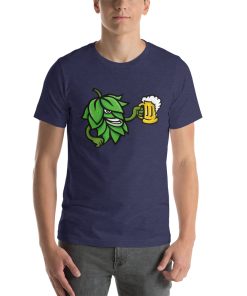 Unisex t-shirt with a picture of a hop flower drinking a beer.