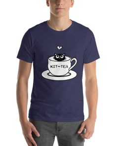 Unisex t-shirt with a picture of a cat sitting in a tea cup. The tea cup says "kit-tea" on it.