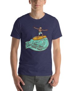 Unisex t-shirt with a picture of a skeleton surfing on a coffin lid.