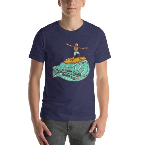 Unisex t-shirt with a picture of a skeleton surfing on a coffin lid.