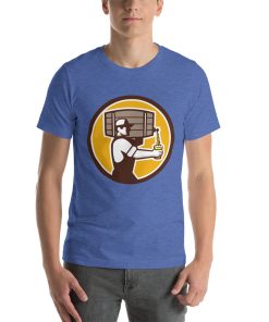 Unisex t-shirt with a picture of a man with a beer keg on his shoulder pouring himself a beer.