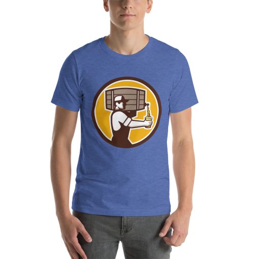 Unisex t-shirt with a picture of a man with a beer keg on his shoulder pouring himself a beer.