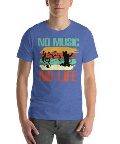 Unisex t-shirt that says "no music no life" on it in stylised writing.