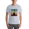 Unisex t-shirt with the silhouette of a guitar on it over a colourful square background.