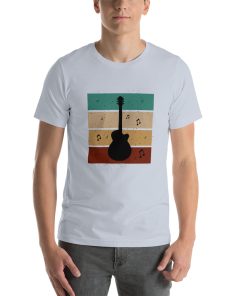 Unisex t-shirt with the silhouette of a guitar on it over a colourful square background.