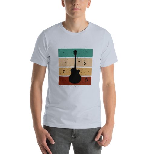 Unisex t-shirt with the silhouette of a guitar on it over a colourful square background.