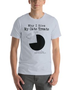 Unisex t-shirt that says "Why I give my cat treats" on it. Underneath the heading is a pie chart with various reasons to give a cat treats.