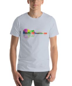 Unisex t-shirt with a picture of a multicoloured guitar. It also say "music mode on" on it.