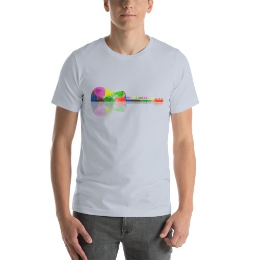 Unisex t-shirt with a picture of a multicoloured guitar. It also say "music mode on" on it.