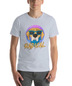 Unisex t-shirt with a picture of a dog wearing sunglasses. Underneath it says "radical."