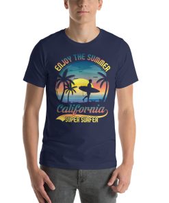 Unisex t-shirt that says "enjoy the summer" on it with a picture of a surfer.