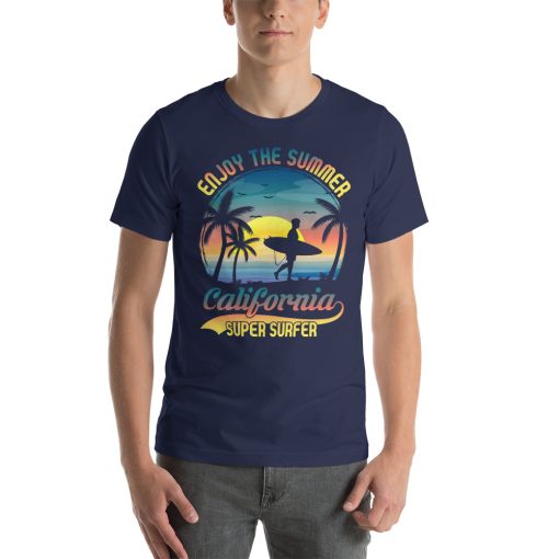 Unisex t-shirt that says "enjoy the summer" on it with a picture of a surfer.