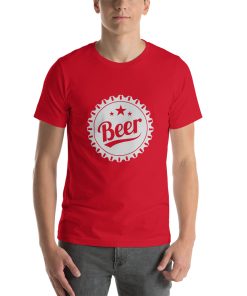 Unisex t-shirt with a beer bottle cap that says "beer" printed on it.