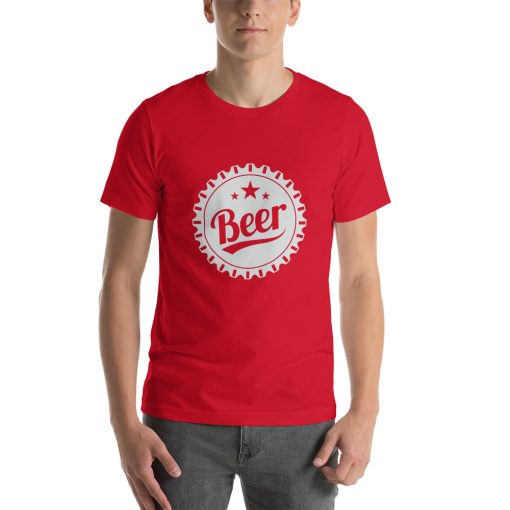 Unisex t-shirt with a beer bottle cap that says "beer" printed on it.