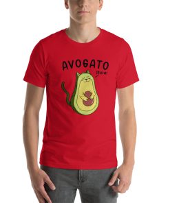 Unisex t-shirt with a picture of a cat that looks like an avocado on it. It also says "avogato" on it.