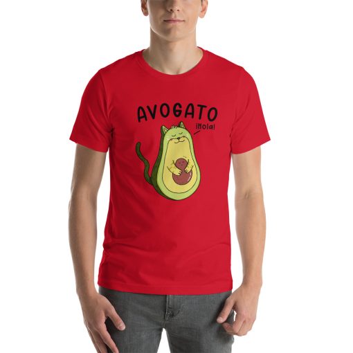 Unisex t-shirt with a picture of a cat that looks like an avocado on it. It also says "avogato" on it.