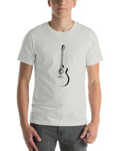 Unisex t-shirt with a picture of an acoustic guitar on it.