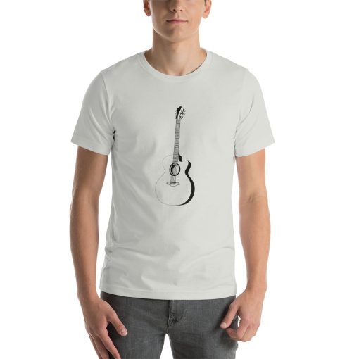 Unisex t-shirt with a picture of an acoustic guitar on it.