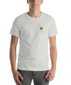 Unisex t-shirt with a picture of an olive on a cocktail skewer on the left breast.