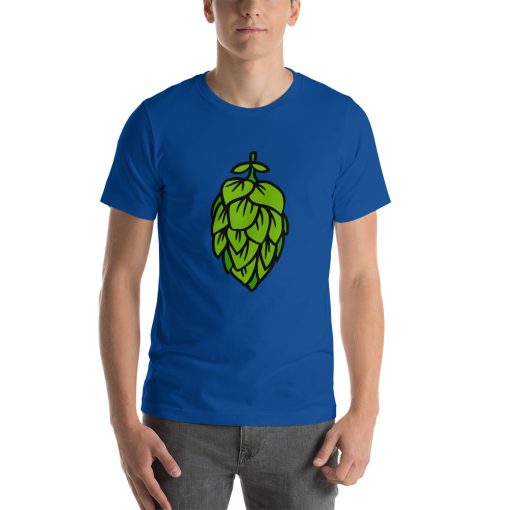 Unisex t-shirt with a picture of a hop flower on it.