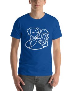 Unisex t-shirt with a picture of a dog drinking a beer.