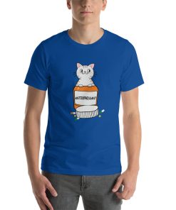 Unisex t-shirt with a picture of a cat sitting in a bottle labeled "antidepressants"