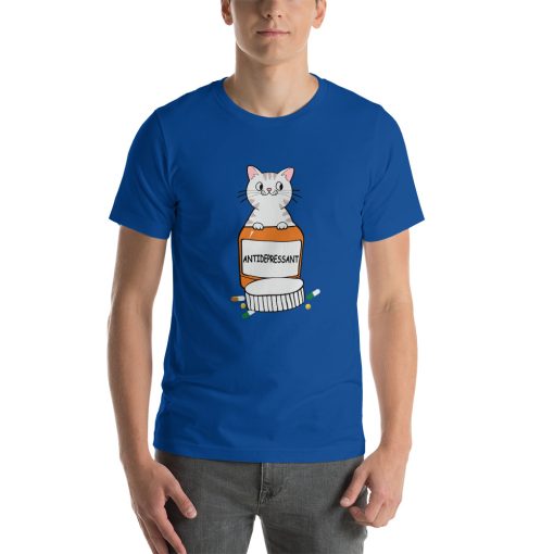 Unisex t-shirt with a picture of a cat sitting in a bottle labeled "antidepressants"