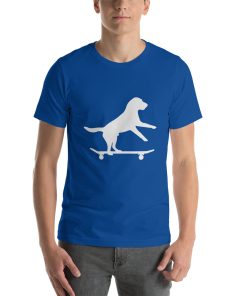 Unisex t-shirt with a picture of a dog riding a skateboard printed on it.