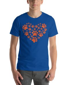 Unisex t-shirt with a heart made of paw prints on it.