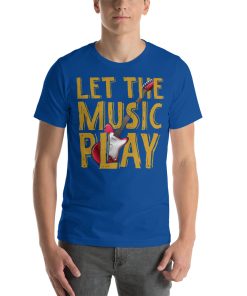 Unisex t-shirt that says "let the music play" on it. There's also a picture of a guitar on the t-shirt.