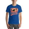 Unisex t-shirt that says "surfing" on it with a picture of a surfer on the beach.