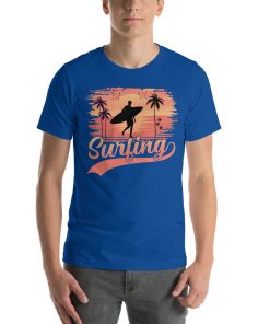 Unisex t-shirt that says "surfing" on it with a picture of a surfer on the beach.