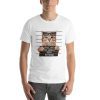 Unisex t-shirt with a picture of a cat getting a mug shot.