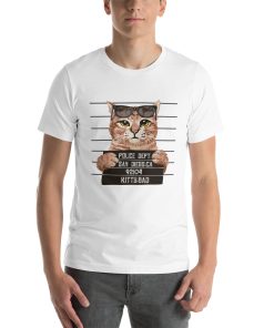 Unisex t-shirt with a picture of a cat getting a mug shot.