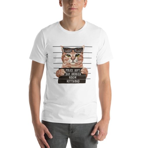 Unisex t-shirt with a picture of a cat getting a mug shot.